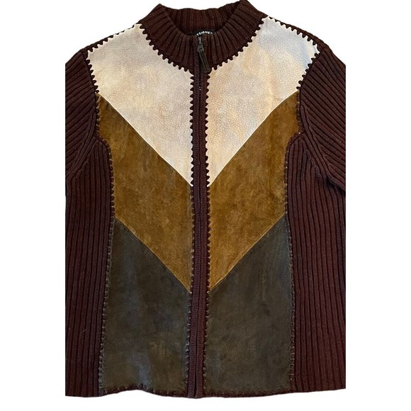 Designer Studio Original Brown Suede Patchwork Ribbed Zip Cardigan Size Large - Picture 2 of 4
